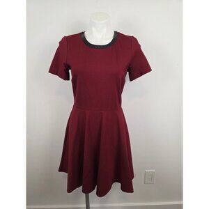 Madewell Burgundy Fit and Flare‎ Dress Black Leather Trim Size Medium
